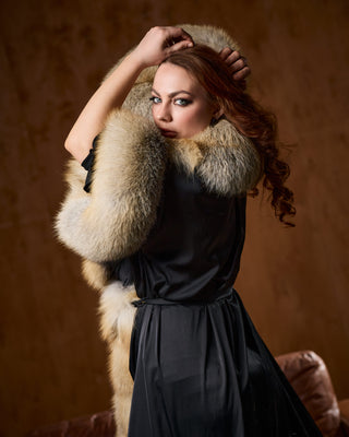 Luxury Extra-Long Silk Robe with Golden Island Fox Fur Trim
