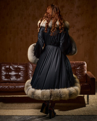 Luxury Extra-Long Silk Robe with Golden Island Fox Fur Trim