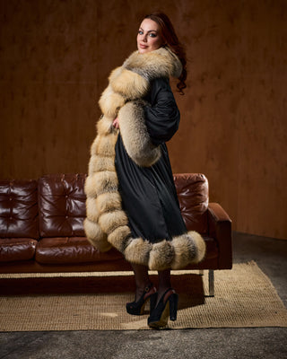 Luxury Extra-Long Silk Robe with Golden Island Fox Fur Trim