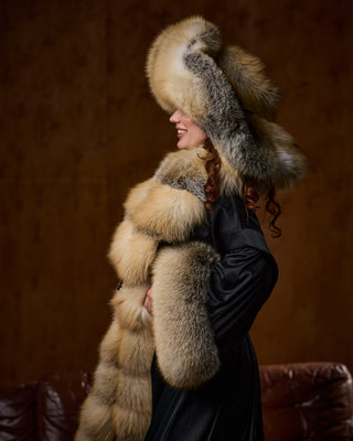 Luxury Extra-Long Silk Robe with Golden Island Fox Fur Trim