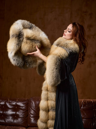 Luxury Extra-Long Silk Robe with Golden Island Fox Fur Trim