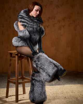 Silver Fox Fur Leg Warmers – Fur Fetish Style Footwear Accessory, Ultra Soft Luxury Texture