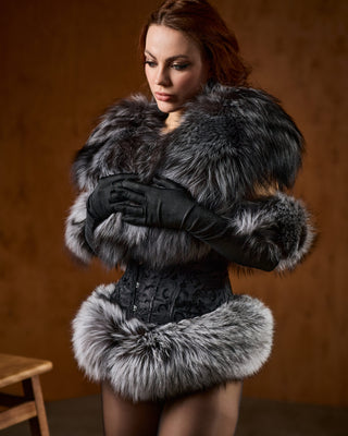 Silver Fox Fur Trimmed Satin Gloves