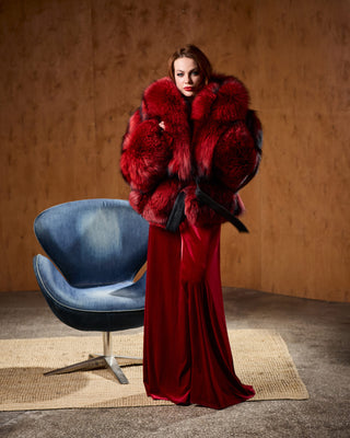 Red Dyed Silver Fox Fur Short Coat – Grunge Style Jacket with Oversized Collar
