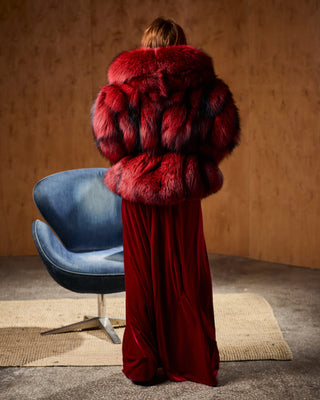 Red Dyed Silver Fox Fur Short Coat – Grunge Style Jacket with Oversized Collar
