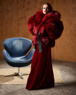 Red Dyed Silver Fox Fur Short Coat – Grunge Style Jacket with Oversized Collar
