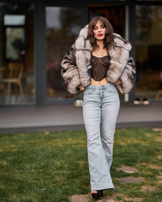 Dyed Saga Blue Fox Fur Short Coat with Custom Hood – Unique Design