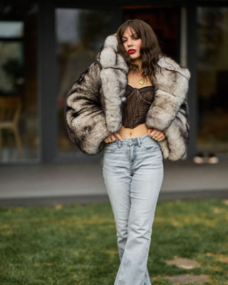 Saga Shadow Blue Frost Fox Fur Short Coat with Custom Hood – Unique Design