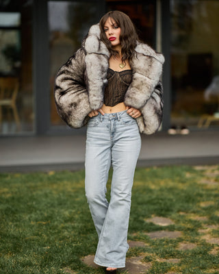 Dyed Saga Blue Fox Fur Short Coat with Custom Hood – Unique Design