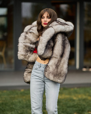 Dyed Saga Blue Fox Fur Short Coat with Custom Hood – Unique Design