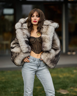 Dyed Saga Blue Fox Fur Short Coat with Custom Hood – Unique Design