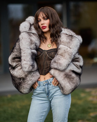 Dyed Saga Blue Fox Fur Short Coat with Custom Hood – Unique Design