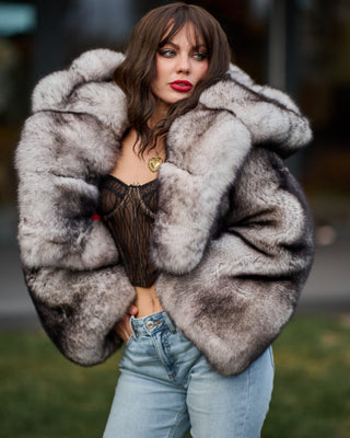 Dyed Saga Blue Fox Fur Short Coat with Custom Hood – Unique Design