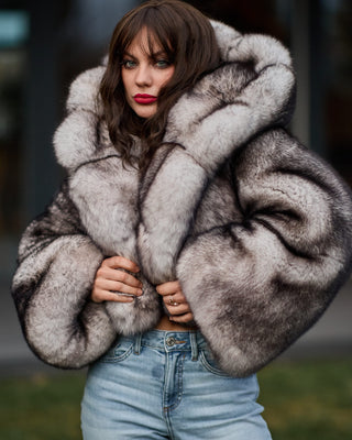 Dyed Saga Blue Fox Fur Short Coat with Custom Hood – Unique Design