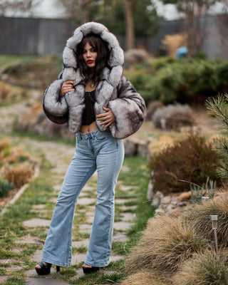Dyed Saga Blue Fox Fur Short Coat with Custom Hood – Unique Design