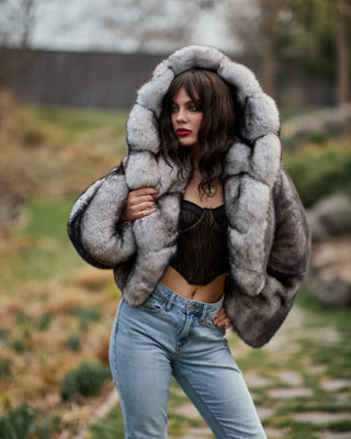 Dyed Saga Blue Fox Fur Short Coat with Custom Hood – Unique Design