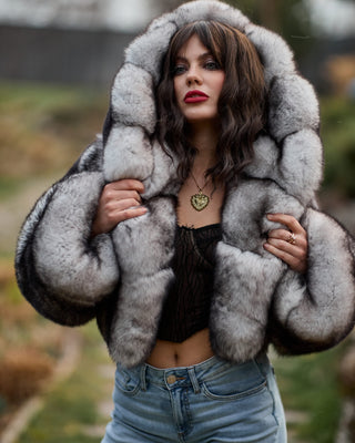 Saga Shadow Blue Frost Fox Fur Short Coat with Custom Hood – Unique Design