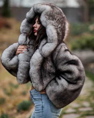 Dyed Saga Blue Fox Fur Short Coat with Custom Hood – Unique Design