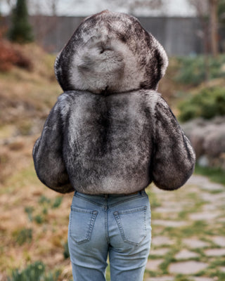Dyed Saga Blue Fox Fur Short Coat with Custom Hood – Unique Design