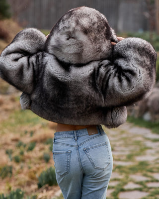 Dyed Saga Blue Fox Fur Short Coat with Custom Hood – Unique Design