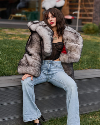 Dyed Saga Blue Fox Fur Short Coat with Custom Hood – Unique Design