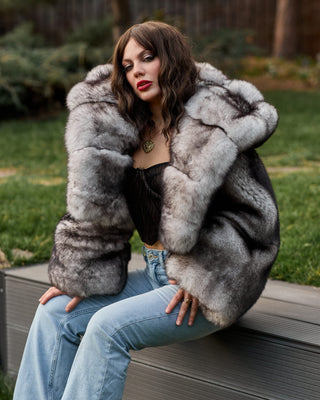 Dyed Saga Blue Fox Fur Short Coat with Custom Hood – Unique Design