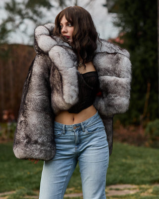 Dyed Saga Blue Fox Fur Short Coat with Custom Hood – Unique Design