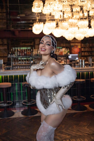 'Electric Sparkle' Golden High-Cut Corset with Plush Fox Fur