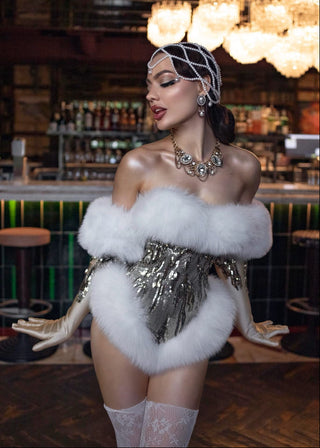 'Electric Sparkle' Golden High-Cut Corset with Plush Fox Fur
