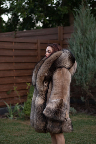 Saga Blue Fox Fur Coat with Finn Raccoon Fur Trim
