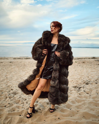 Ukrainian Crystal Fox Fur Hooded Coat in Retro Brown