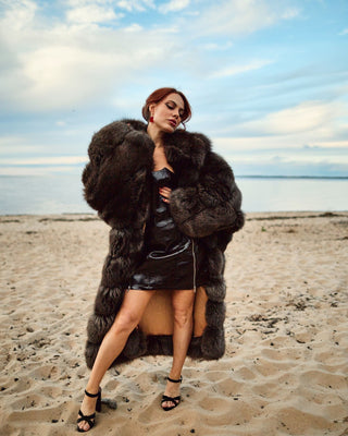 Ukrainian Crystal Fox Fur Hooded Coat in Retro Brown
