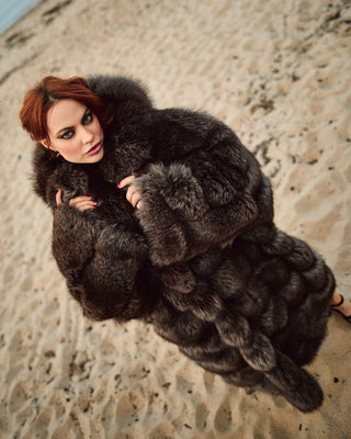 Ukrainian Crystal Fox Fur Hooded Coat in Retro Brown