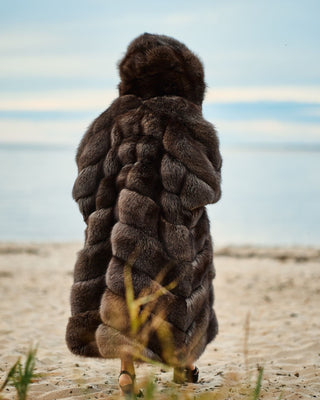 Ukrainian Crystal Fox Fur Hooded Coat in Retro Brown