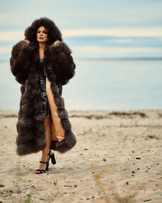 Ukrainian Crystal Fox Fur Hooded Coat in Retro Brown