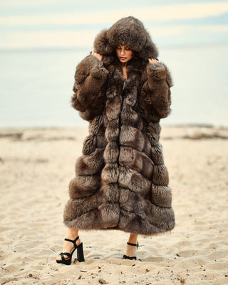Ukrainian Crystal Fox Fur Hooded Coat in Retro Brown