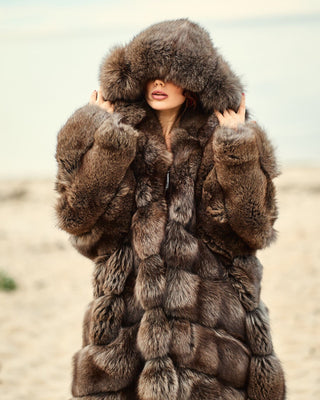 Ukrainian Crystal Fox Fur Hooded Coat in Retro Brown