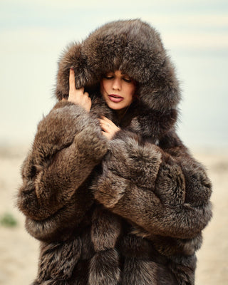 Ukrainian Crystal Fox Fur Hooded Coat in Retro Brown
