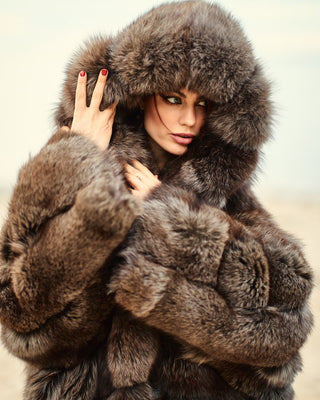 Ukrainian Crystal Fox Fur Hooded Coat in Retro Brown