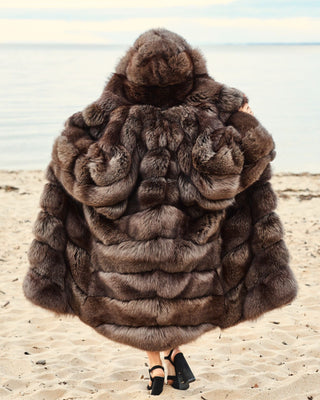 Ukrainian Crystal Fox Fur Hooded Coat in Retro Brown