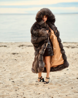 Ukrainian Crystal Fox Fur Hooded Coat in Retro Brown