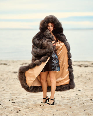 Ukrainian Crystal Fox Fur Hooded Coat in Retro Brown
