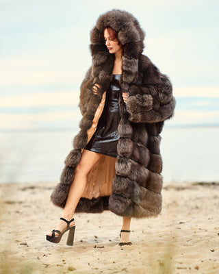 Ukrainian Crystal Fox Fur Hooded Coat in Retro Brown