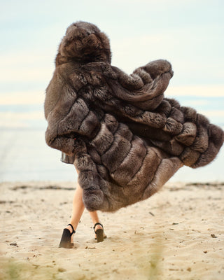 Ukrainian Crystal Fox Fur Hooded Coat in Retro Brown