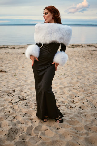 Arctic Albino Fox Fur Trimmed Long Black Dress