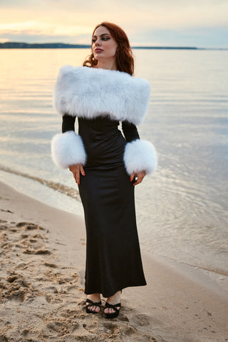 Arctic Albino Fox Fur Trimmed Long Black Dress
