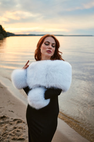 Arctic Albino Fox Fur Trimmed Long Black Dress
