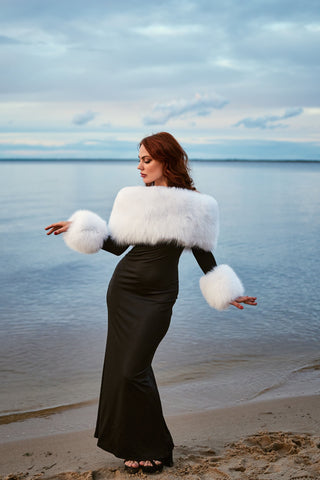 Arctic Albino Fox Fur Trimmed Long Black Dress