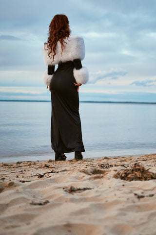 Arctic Albino Fox Fur Trimmed Long Black Dress