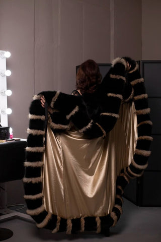 Double-Sided Fur-Trimmed Silk Robe with Full Fur Hood